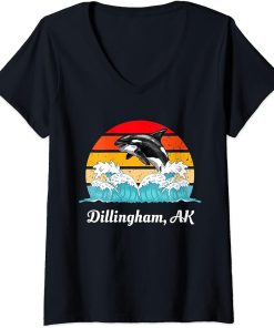 Womens Vintage Dillingham AK Distressed Orca Killer Whale Art V-Neck T-Shirt