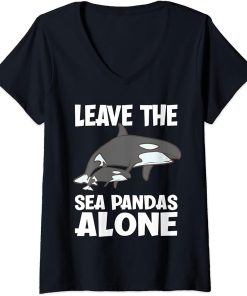 Womens Leave The Sea Pandas Alone Funny Orca V-Neck T-Shirt