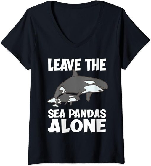 Womens Leave The Sea Pandas Alone Funny Orca V-Neck T-Shirt