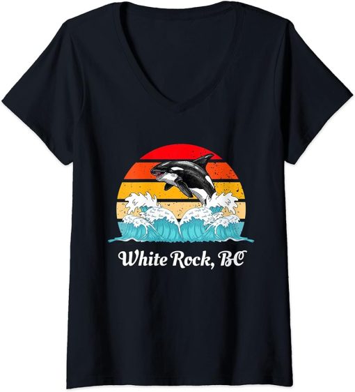 Womens Vintage White Rock BC Distressed Orca Killer Whale Art V-Neck T-Shirt