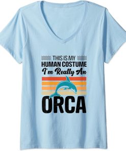 Womens This is My Human Costume I"m Really An Orca Whale V-Neck T-Shirt