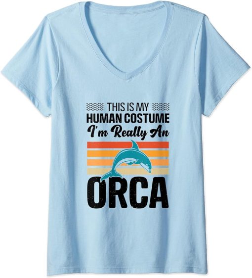 Womens This is My Human Costume I"m Really An Orca Whale V-Neck T-Shirt