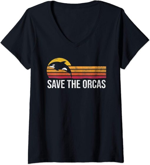 Womens Retro Vintage Save The Orcas Funny Whale Lover Gift V-Neck T-Shirt