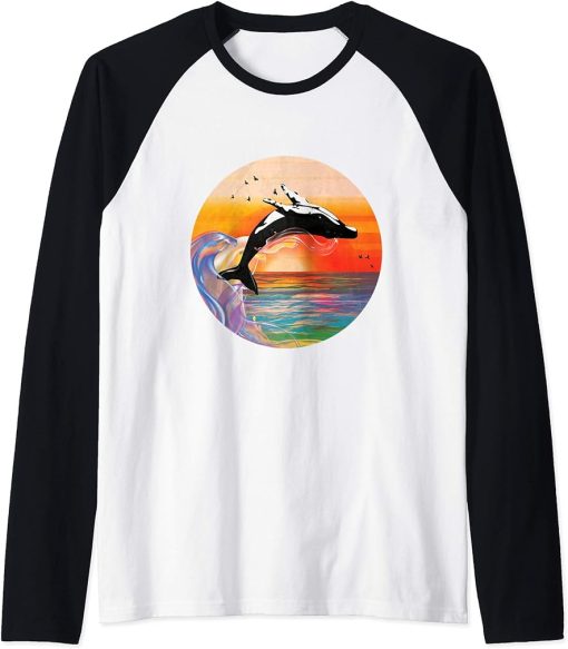 Orca Killer Whale Shirt Retro Whale Gifts for Women Kids Raglan Baseball Tee