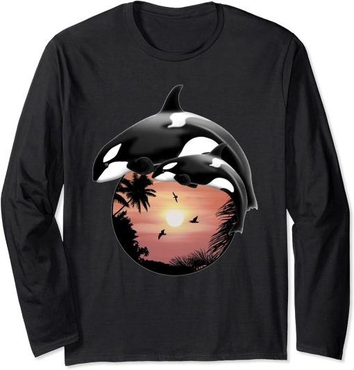 Orca Whales Sunset Long Sleeve T-Shirt