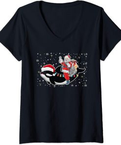 Womens Funny Santa Claus Riding Orca Christmas Whale V-Neck T-Shirt