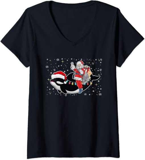 Womens Funny Santa Claus Riding Orca Christmas Whale V-Neck T-Shirt